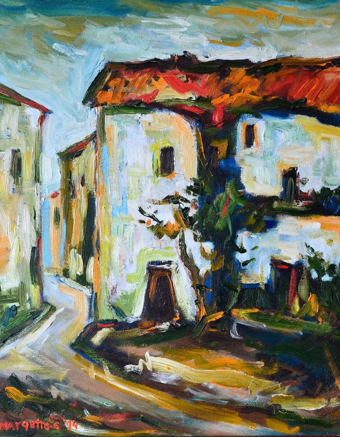 Goran Margetic, Häuser auf der Insel Cres, 1994. Ölfarbe und Kunstharzpaste auf Leinwand, 50x40 cm