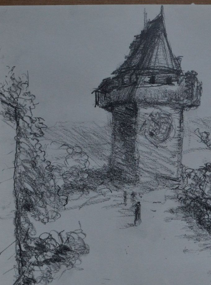 Goran Margetic, Grazer Uhrturm, 2012. Bleistift auf Papier, 30x21 cm (Privatsammlung Dr. Bernd F. Holasek)